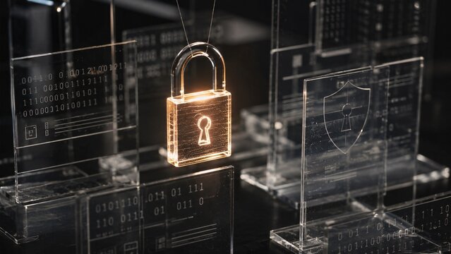 A glowing holographic padlock symbolizes digital security and data protection, surrounded by translucent screens displaying binary code and shields, creating a futuristic cyber defense aesthetic.