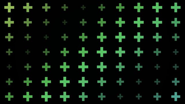 This abstract digital video features a dynamic pattern of glowing green and teal plus signs against a dark black background creating a modern technological backdrop.