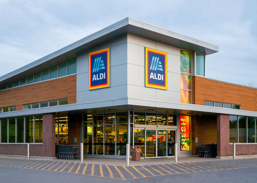 Ilion, NY - May 22, 2026: Dusk close-up exterior view of ALDI Markets grocery store, located at 5 Central Avenue, Ilion, NY 13357
