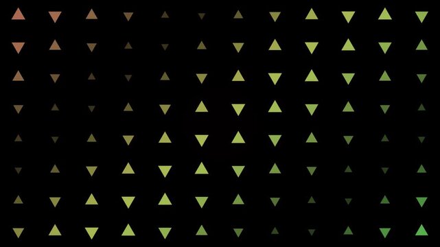 This abstract video features a mesmerizing pattern of small glowing triangles in shades of green and yellow subtly moving across a dark black background.