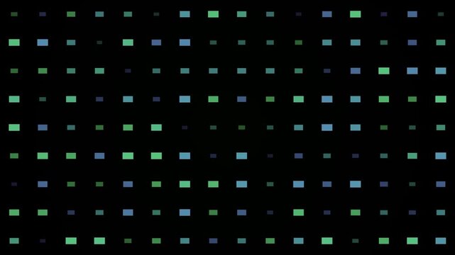 This video features a mesmerizing abstract pattern of small glowing green and subtle purple rectangular pixels on a dark black background creating a futuristic digital grid display.