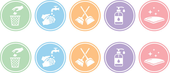 Fototapeta premium Household Cleaning and Corona Prevention Pastel Circle Icon Set Featuring Trash Disposal, Handwashing, Sweeping Broom, Sanitizer Gel Pump, and Surface Disinfection Symbols