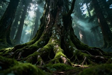Fototapeta premium Moss-covered tree roots in a misty forest with sunlight filtering through the canopy