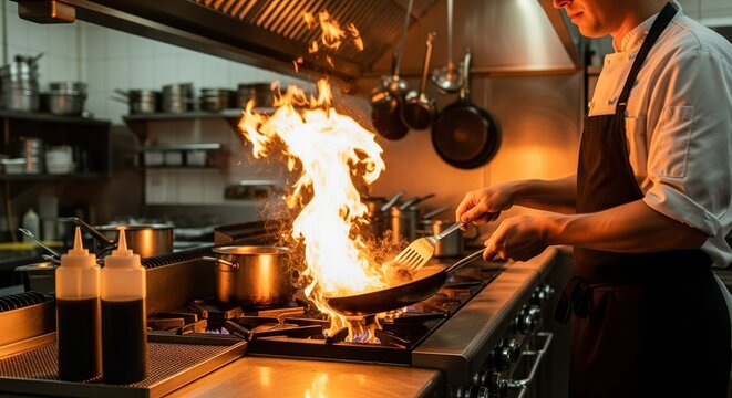 Chef Flaming Food in Frying Pan on Gas Stove with Intense Fire, Professional Kitchen Setting
