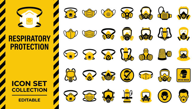 Respiratory protection icon set collection with masks and respirators