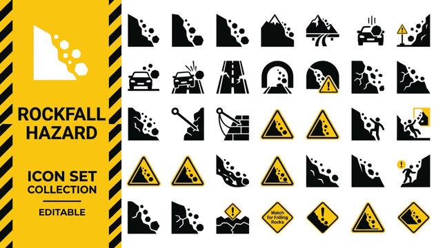 Rockfall hazard and falling rock icon set for road and mountain safety