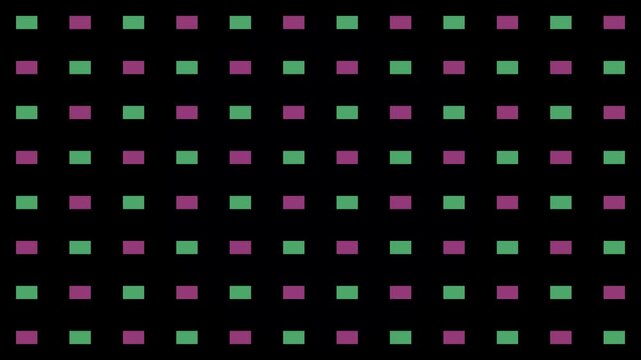 A repeating pattern of small magenta and teal squares against a solid black background creates a digital, abstract aesthetic.