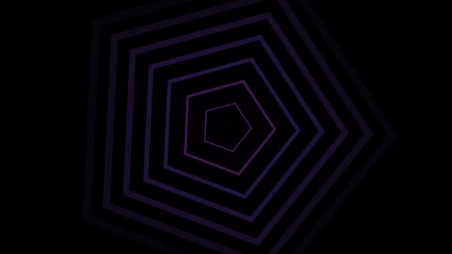 A series of nested pentagons in dark tones recedes into the black background, creating a sense of depth and a mysterious, geometric tunnel.