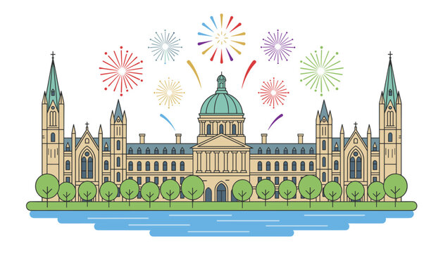Ornate government building stands behind a line of trees with colorful fireworks exploding in the night sky above a calm river.
