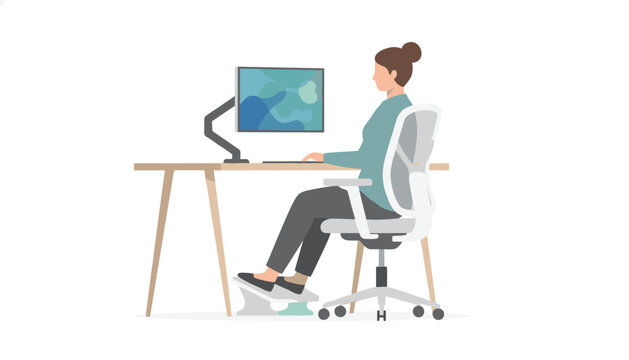Focused woman working at a minimalist home office desk while sitting in a mesh chair and resting her feet on a grey plastic footrest device.