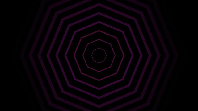 A series of nested octagons in deep purples and blues form a captivating, dark tunnel effect on a black canvas, suggesting an enigmatic journey.