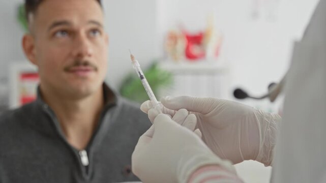 Man patient looking up while doctor holds syringe and gloved hands near his face in a clinical building; anticipation trust.