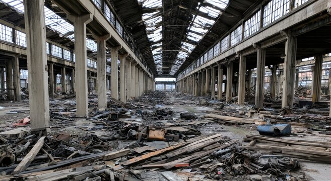 Vast abandoned industrial hall, derelict, cluttered with debris and decay