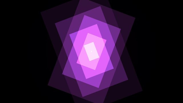 A series of layered purple diamond shapes creates a visually striking, abstract geometric pattern against a stark black background.