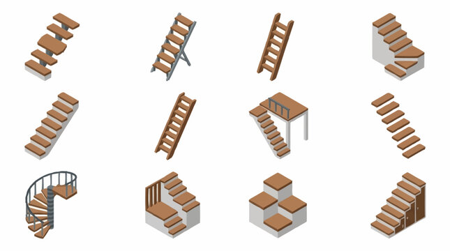 Isometric wooden ladders and stairs collection.