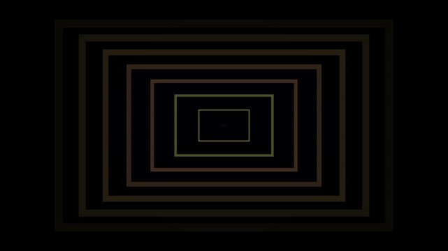 A series of nested rectangular outlines in muted, dark tones creates a subtle depth illusion on a stark black background.