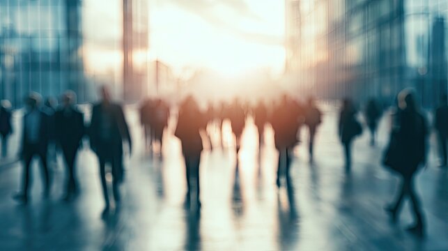 Blurred figures in a sunlit urban plaza, reflecting on glass buildings
