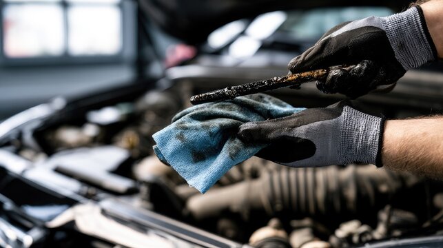 Person checking engine oil level with dipstick and cloth