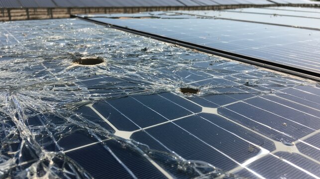Damaged solar panels with cracked glass and visible impact holes