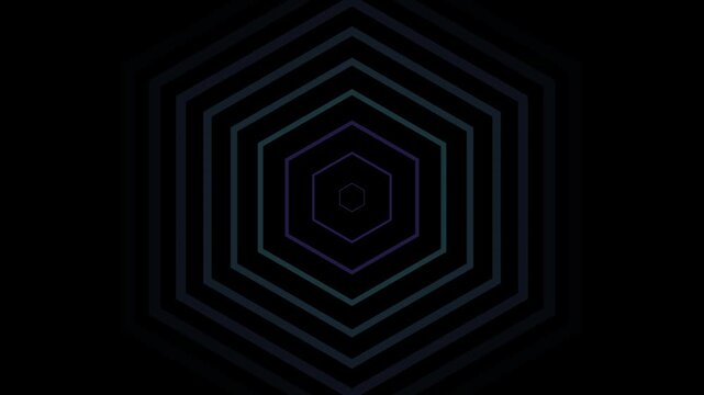 Multiple dark purple hexagonal shapes, outlined in varying shades, create a symmetrical, layered effect diminishing towards the center on black.