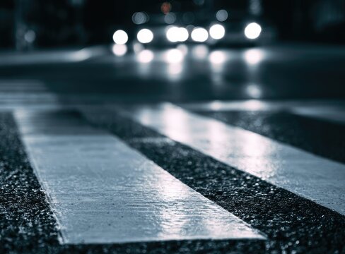 Wet crosswalk at night, blurred car headlights approaching
