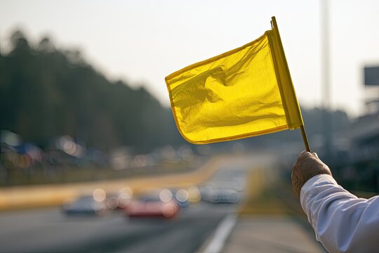 Hand waves yellow flag on race track with blurred cars and trees in background