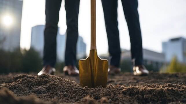 Golden shovel in soil with people in suits and cityscape backdrop
