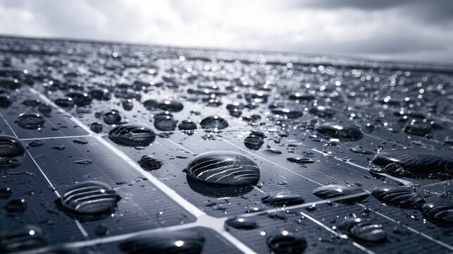 Close-up of water droplets on a textured surface under a cloudy sky