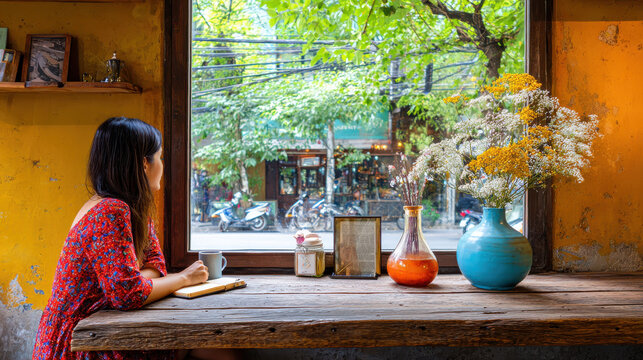 Aesthetic terracotta and mineral vases with flowers on rustic wooden table by window with woman in red dress enjoying calm view