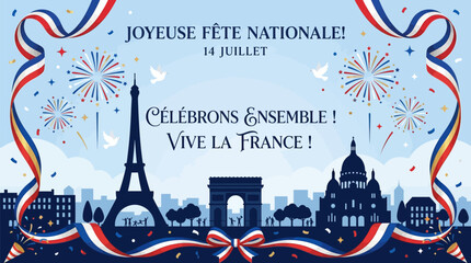 Festive bastille day celebration greeting card with iconic paris skyline silhouette and patriotic ribbons for national holiday commemoration event © Hala