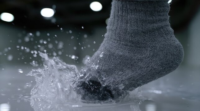 A close-up shot of a gray sock stepping into a splash of water