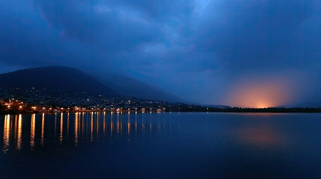 Dark, moody sky over a tranquil lake reflecting distant town lights and a faint glow