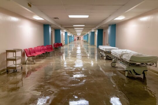 Long, empty hospital corridor with bright lights, empty chairs, and two gurneys