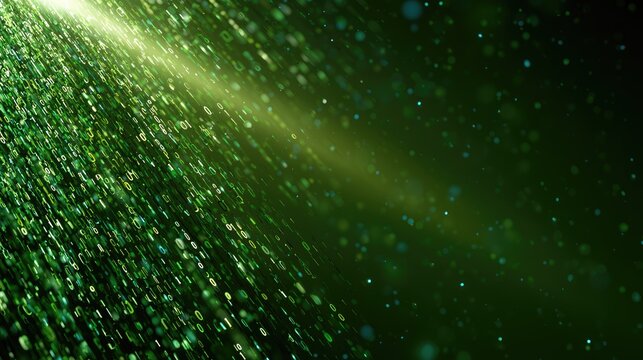 Abstract shower of glowing green particles illuminated by a soft light beam