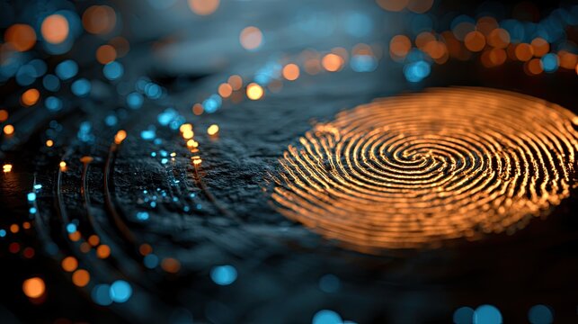 Glowing fingerprint on dark surface with bokeh lights