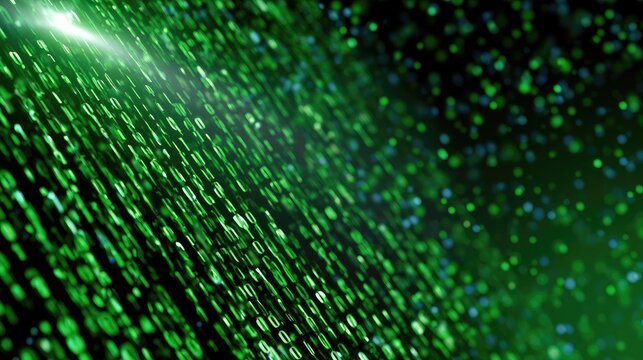 Abstract digital stream of glowing green binary code with bokeh highlights