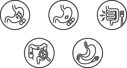 Fototapeta premium Gastrointestinal medical icons, stomach ulcer, acid reflux, digestive discomfort, colon examination, endoscopy procedure, healthcare illustration, digestive health vector design
