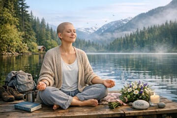 Fototapeta premium A person meditates on a dock overlooking a peaceful lake, great for yoga or wellness concepts