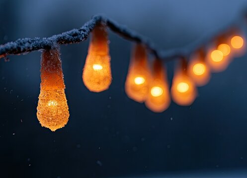 Warm lights encased in icy textures glow against a dark, snowy backdrop