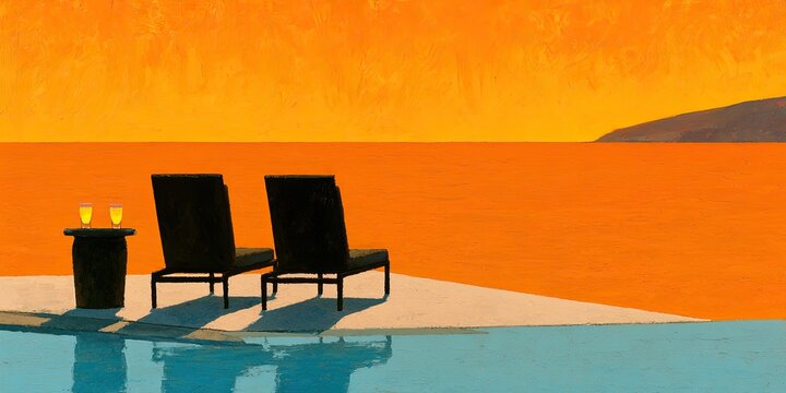 Two lounge chairs by a pool, ready for sunset drinks
