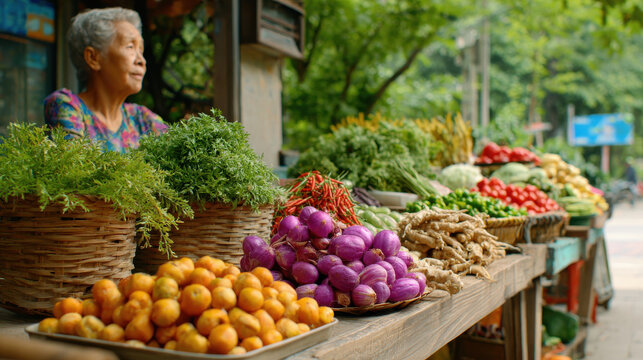 Fresh terracotta baskets filled with mineral rich vegetables create aesthetic market scene with vibrant colors and natural