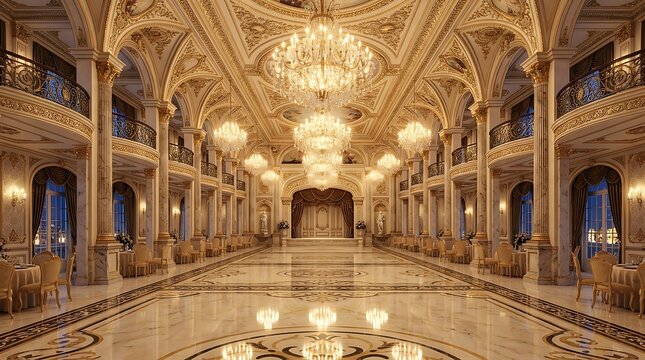 Grand Gothic cathedral interior with golden chandeliers.