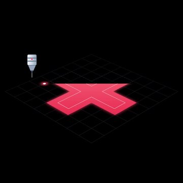 Minimalist digital 3D printer nozzle creating an glowing red geometric shape on a dark isometric grid for biotechnology visual presentations