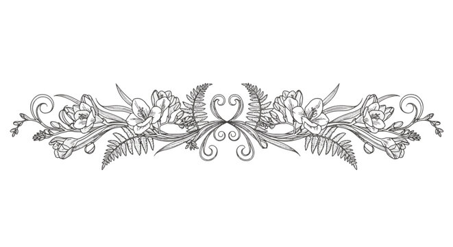 Vintage horizontal botanical border with hand-drawn freesia flowers, fern leaves, and elegant filigree swirls. Black and white line art illustration on a white background for design.