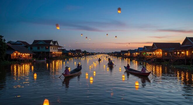 Evening River Scene with Floating Lanterns and Boats