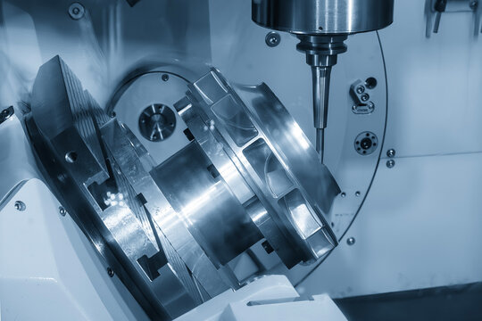 High-precision 5-axis CNC milling machine performing a finish cut on water turbine parts with a ball nose end mill tool.