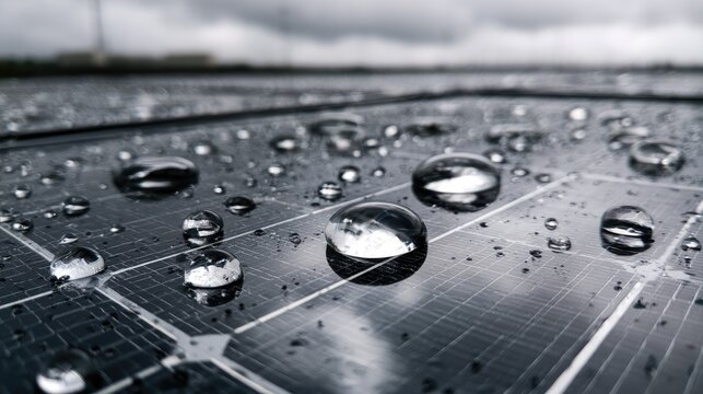 Close-up of raindrops on dark solar panels under a cloudy sky