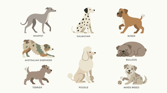 Set of eight diverse dog breeds illustrated in a minimalist flat style featuring neutral color tones and simple shapes on a clean off white background