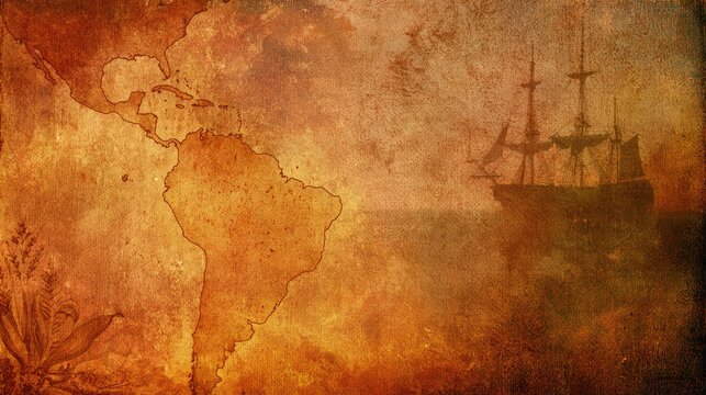 Aged map of the Americas with a vintage sailing ship at sea