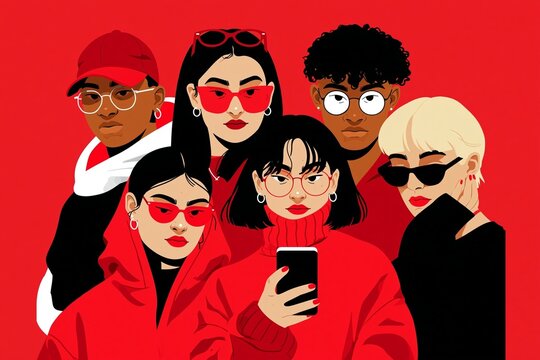 Group of six diverse young adults wearing sunglasses on red background